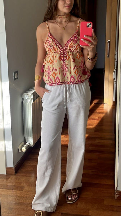 Sofia Embroidered Boho Cami Top with Tassel Trim