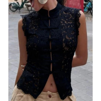 Beatrix Transparente Spitzen-Bluse mit Stehkragen