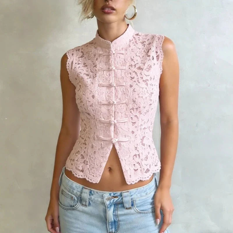 Beatrix Transparente Spitzen-Bluse mit Stehkragen