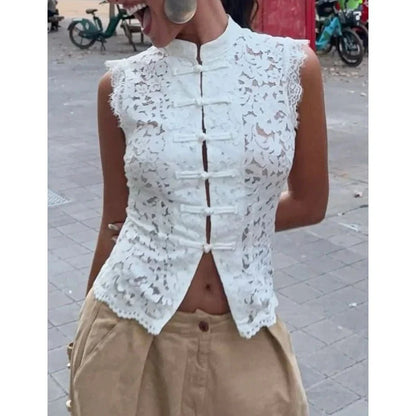 Beatrix Transparente Spitzen-Bluse mit Stehkragen