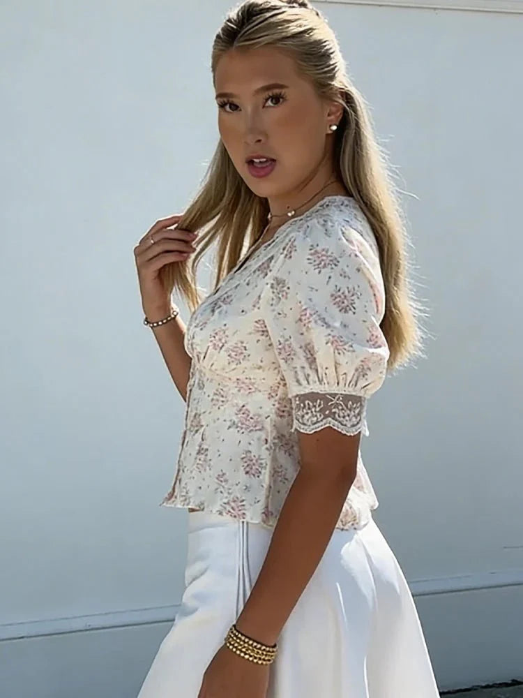 Seren Satin Print Lace V-Neck Puff Sleeve Blouse