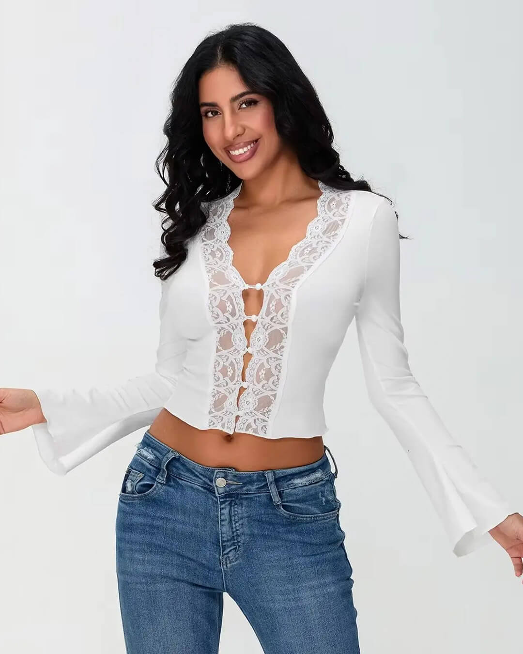 Victoria Langarm-Bluse mit Spitzenbesatz