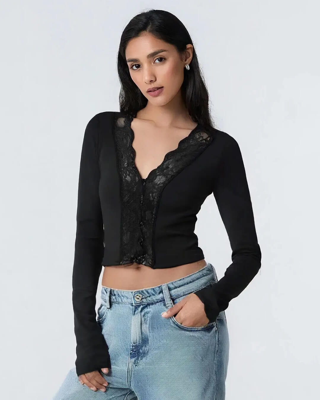 Victoria Langarm-Bluse mit Spitzenbesatz