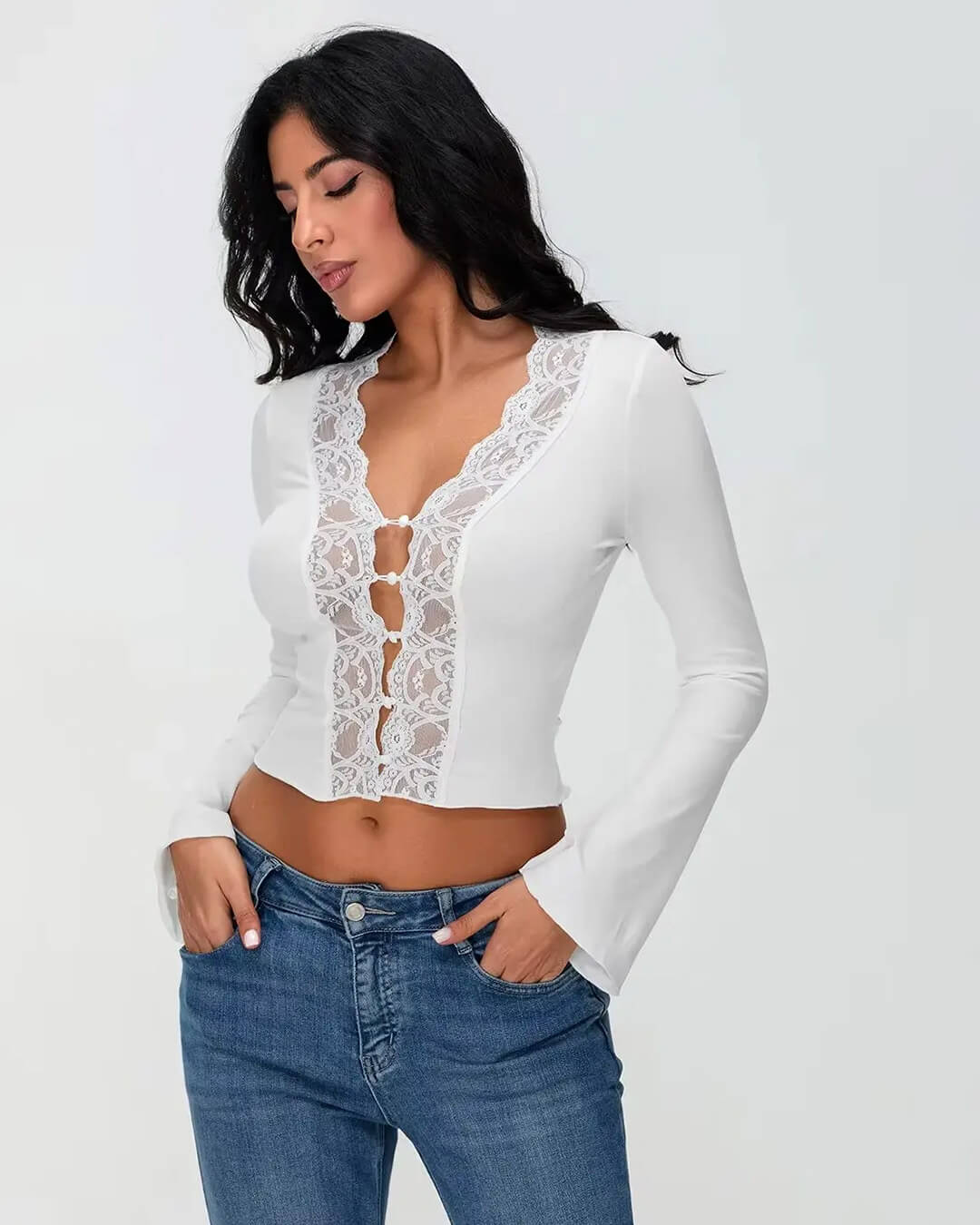 Victoria Langarm-Bluse mit Spitzenbesatz